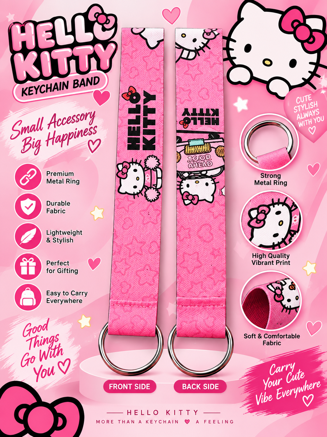 Hello Kitty Pink Keychain Wrist Strap – Front & Back Printed Band