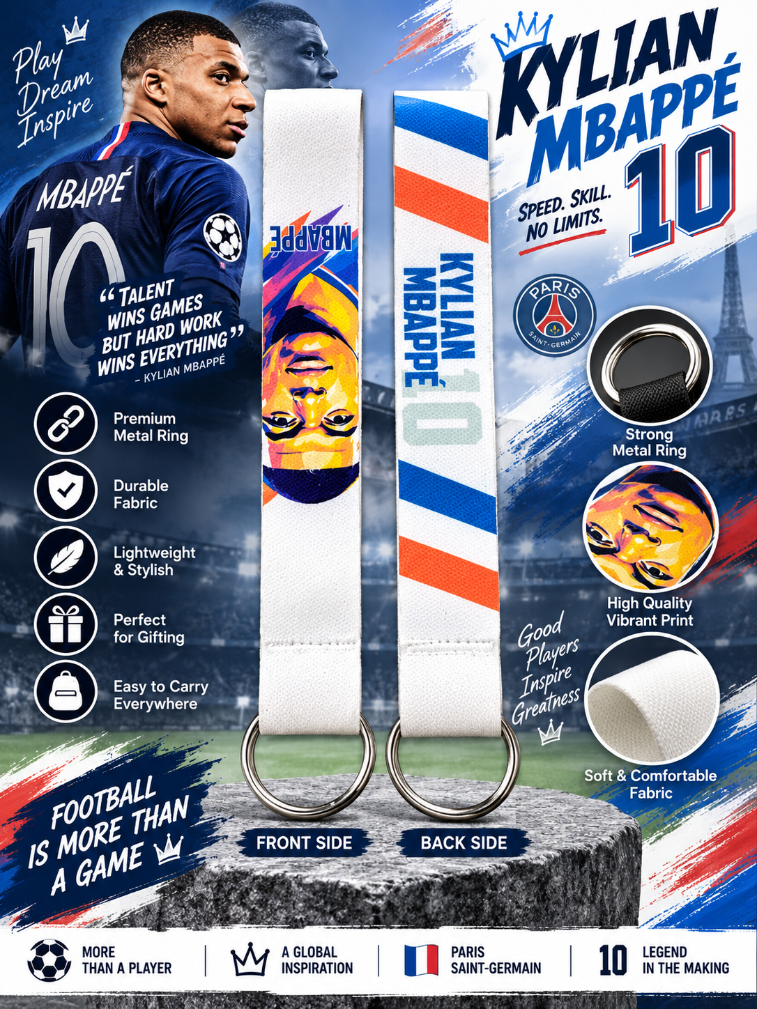 Mbappé 10 Keychain Band | Football Wrist Strap – Front & Back Print