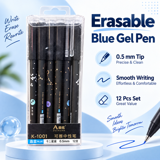 Erasable Blue Gel Pen Set – 0.5mm Smooth Writing Pens, Pack of 12