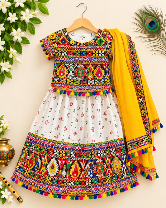 Navratri White Chaniya Choli with Yellow Dupatta