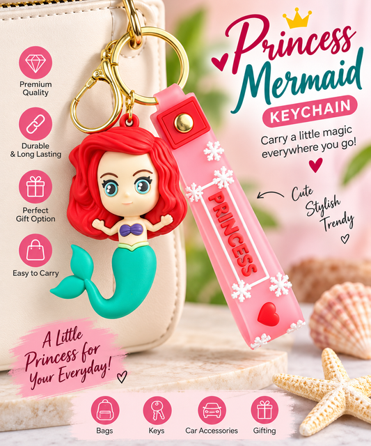 Princess Mermaid Keychain with Pink Silicone Strap