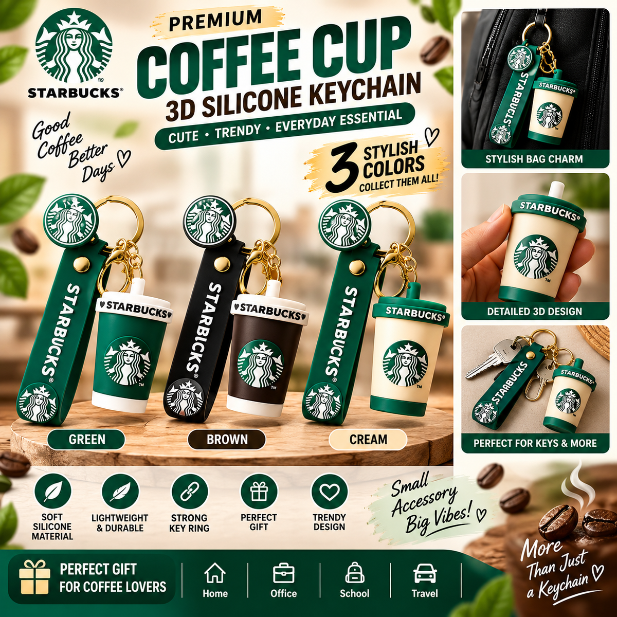 Starbucks Coffee Cup 3D Silicone Keychain with Strap