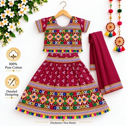 Girls Maroon Pure Cotton Ghagra Choli Set with Matching Dupatta – Traditional Navratri Lehenga