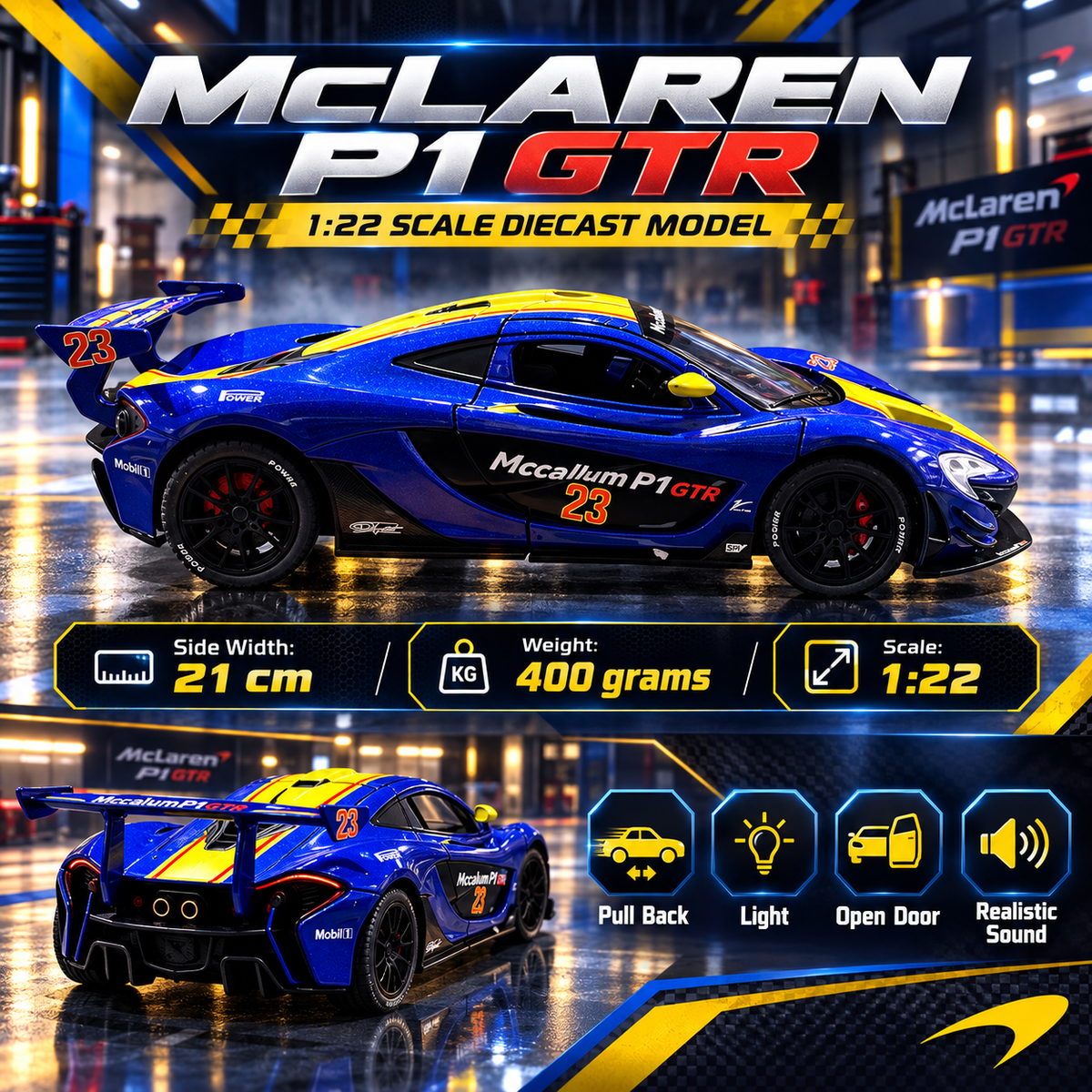 McLaren P1 GTR Diecast Car – Racing | 1:22 Scale | Lights & Sound