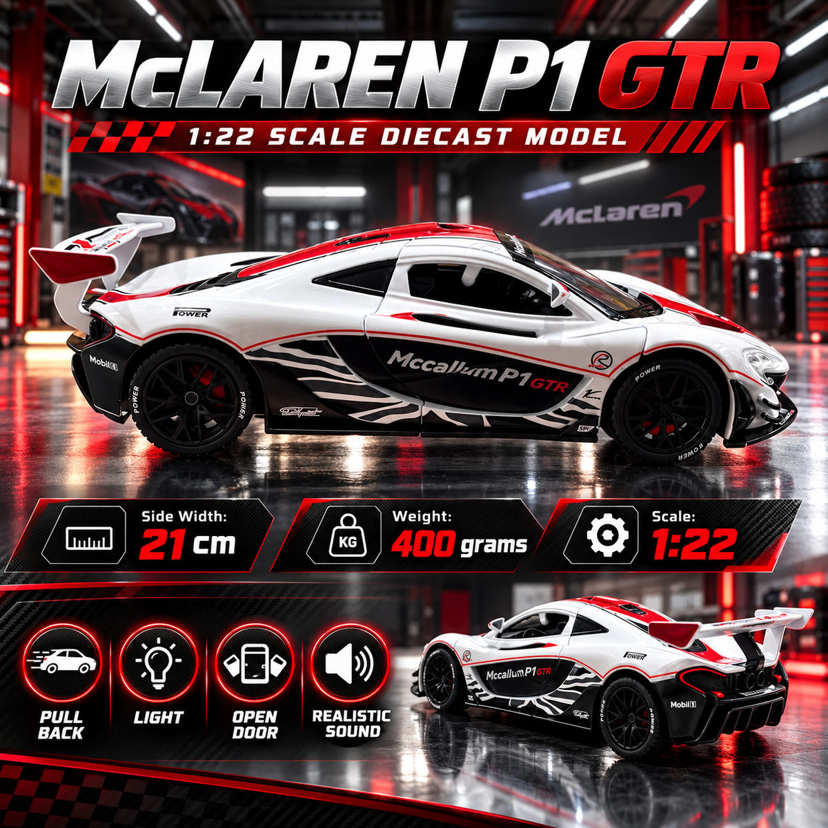 McLaren P1 GTR Diecast Car – Racing | 1:22 Scale | Lights & Sound