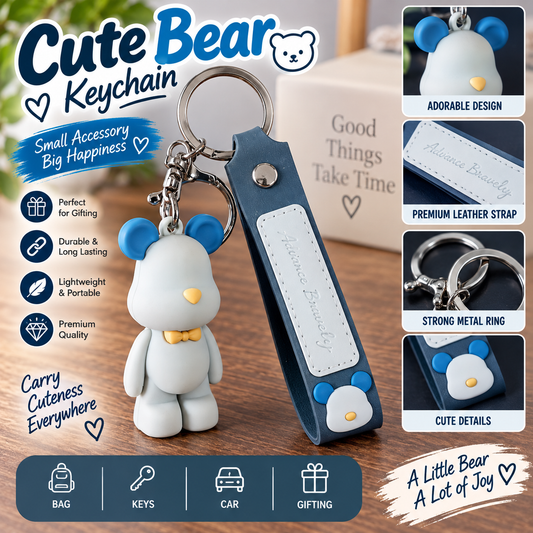 Cute Bear Keychain with Leather Strap