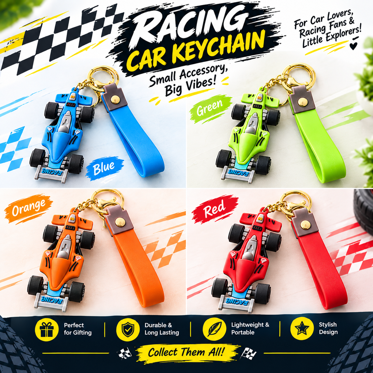 F1 Racing Car Keychain with Premium Silicone Strap
