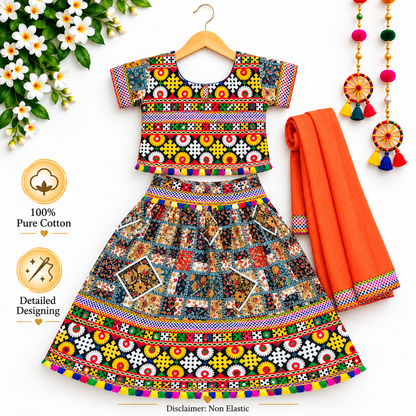 Girls Multicolor Patchwork Pure Cotton Lehenga Choli Set with Orange Dupatta