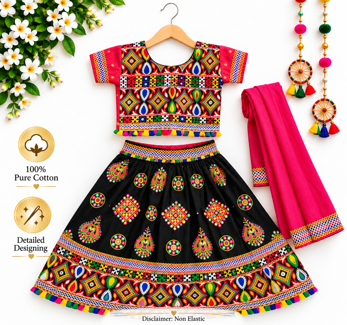 Girls Black Multicolor Pure Cotton Garba Lehenga Choli Set with Pink Dupatta