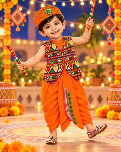 Boys Orange Traditional Kutchi Embroidered Jacket Dhoti Set with Cap – 100% Cotton