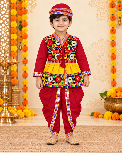 Premium Boys Festive Maroon Embroidered Jacket Dhoti Set with Matching Cap – 100% Cotton