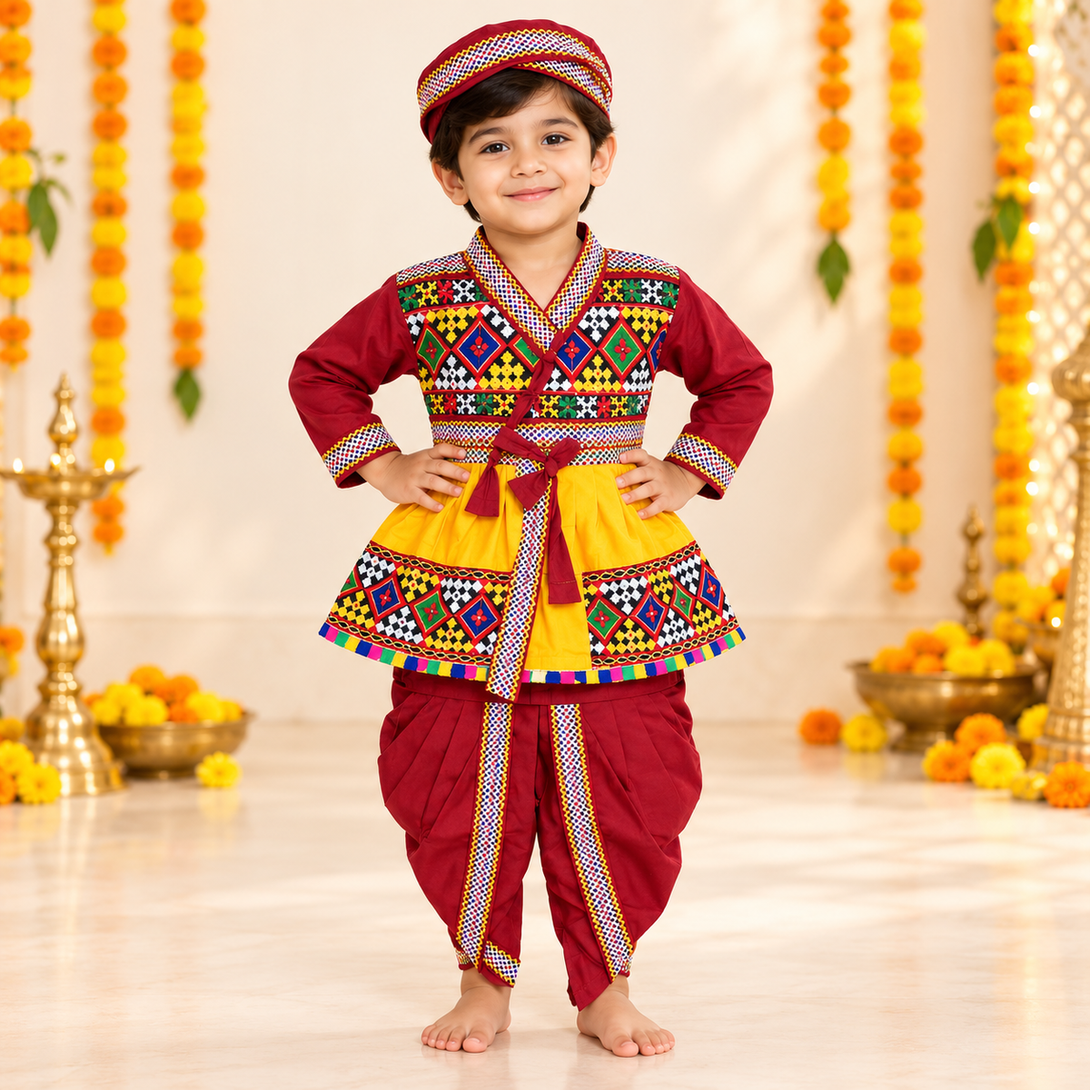Boys Traditional Kutchi Embroidered Maroon Dhoti Kurta Set with Cap – 100% Cotton