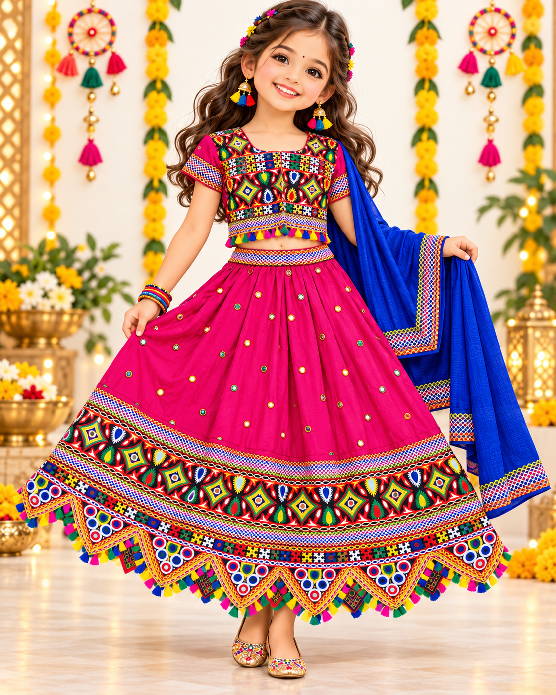 Girls Pink Multicolor Pure Cotton Garba Lehenga Choli Set with Royal Blue Dupatta