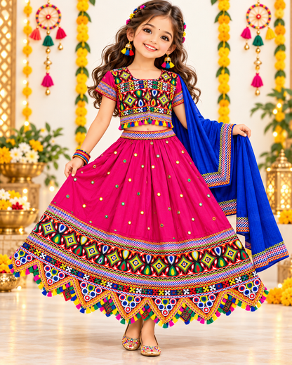 Girls Pink Multicolor Pure Cotton Garba Lehenga Choli Set with Royal Blue Dupatta