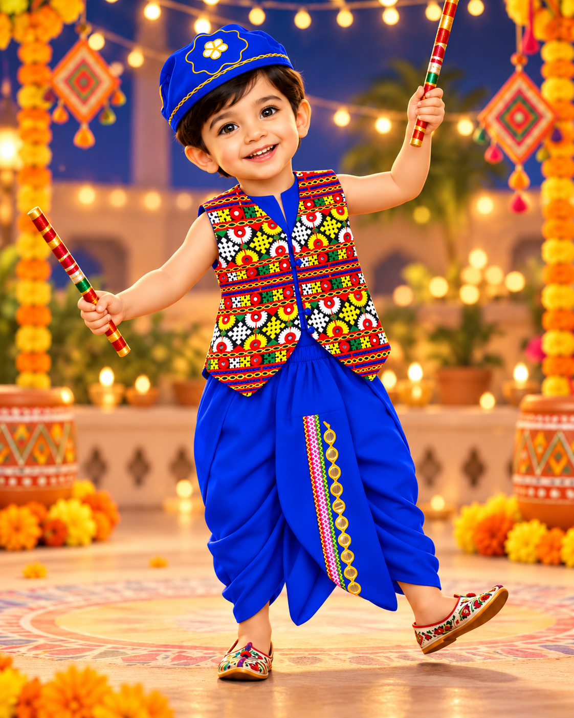 Boys Blue Traditional Kutchi Embroidered Jacket Dhoti Set with Cap – 100% Cotton