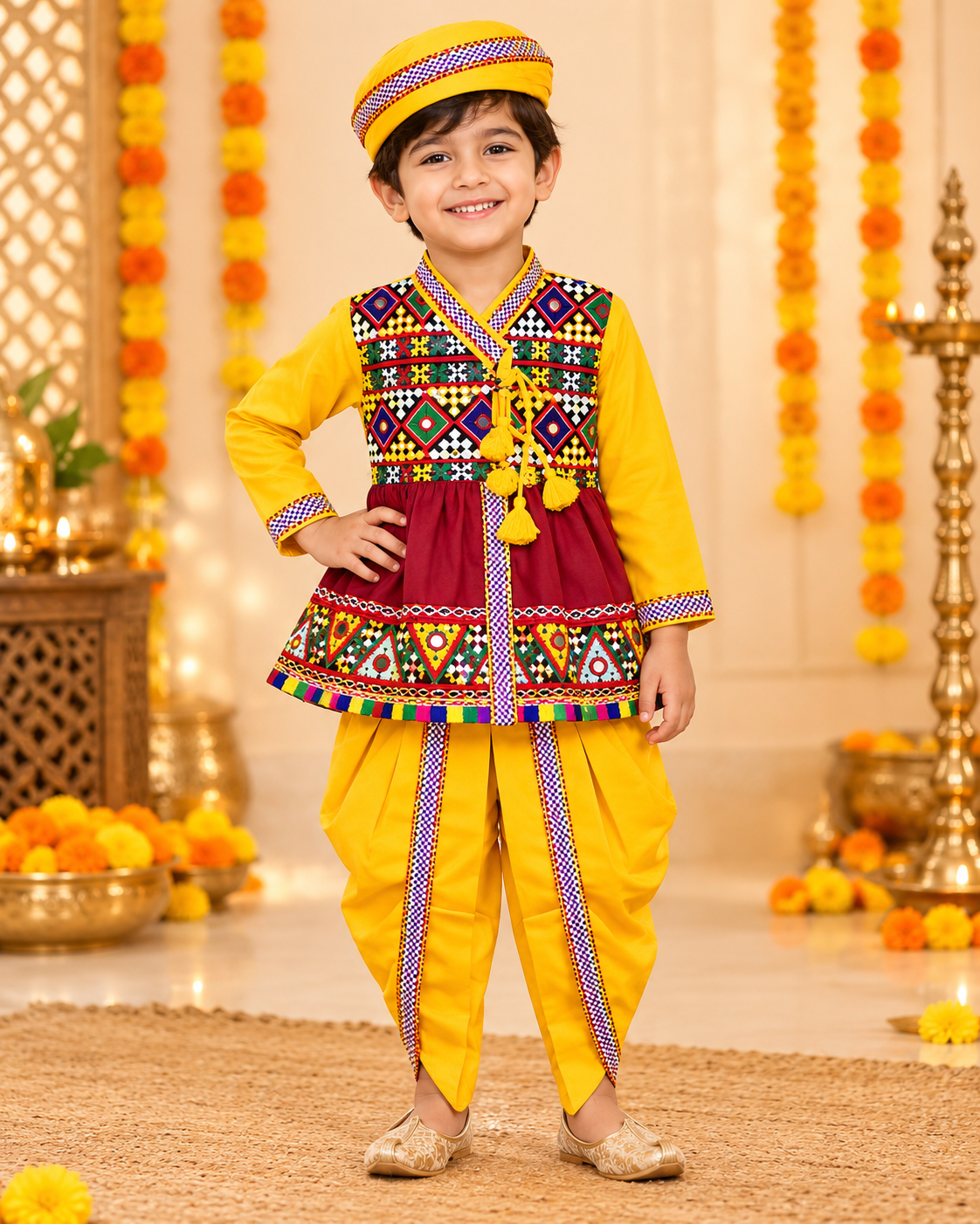 Boys Navratri Embroidered Yellow Kedia Dhoti Set with Matching Cap – 100% Cotton