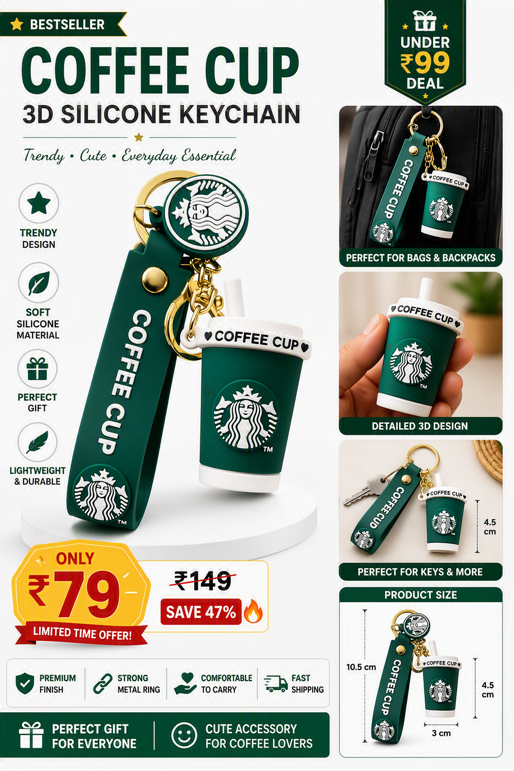 Starbucks Coffee Cup 3D Silicone Keychain with Strap
