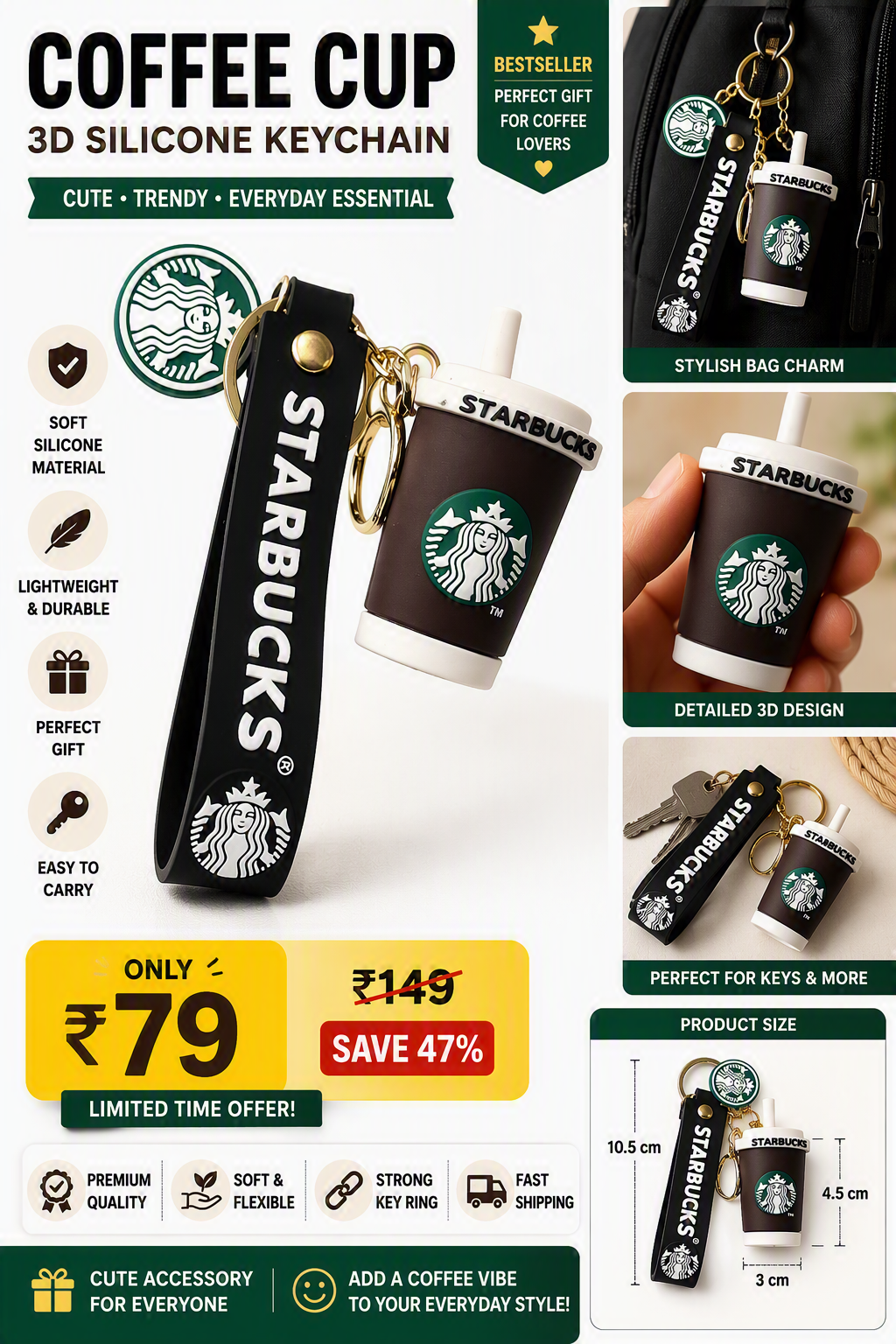 Starbucks Coffee Cup 3D Silicone Keychain with Strap
