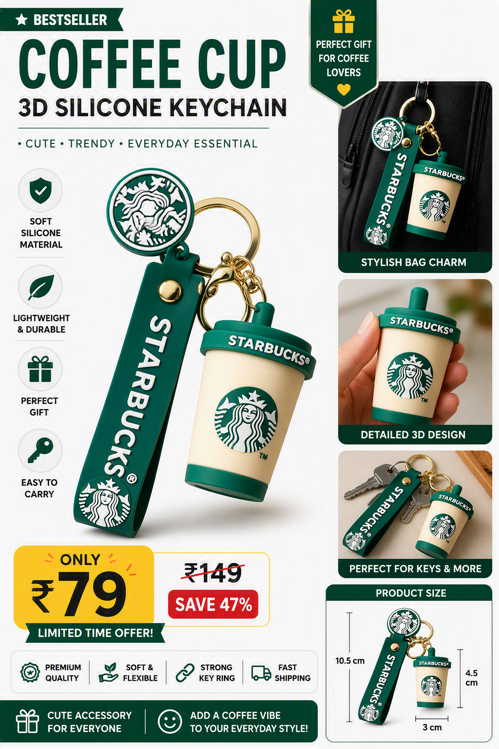 Starbucks Coffee Cup 3D Silicone Keychain with Strap
