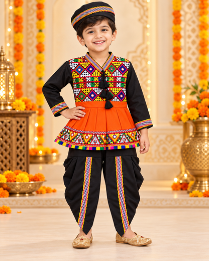 Boys Navratri Black Embroidered Kedia Dhoti Set with Matching Cap – 100% Cotton