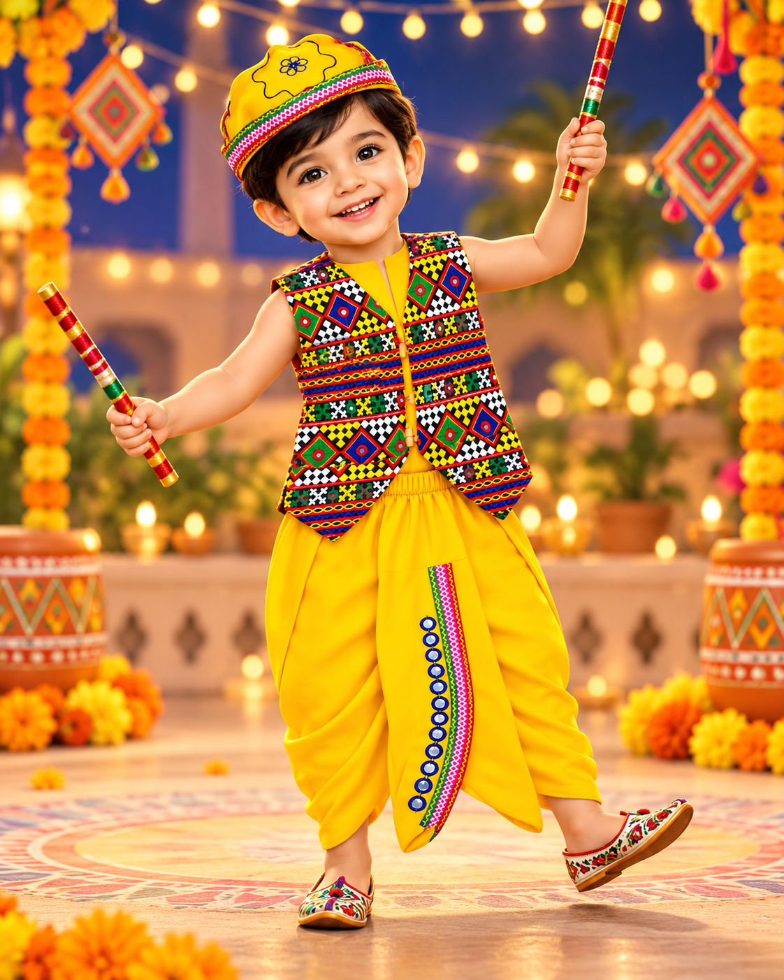Boys Yellow Traditional Kutchi Embroidered Jacket Dhoti Set with Cap – 100% Cotton