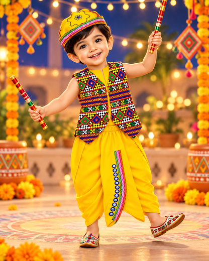 Boys Yellow Traditional Kutchi Embroidered Jacket Dhoti Set with Cap – 100% Cotton