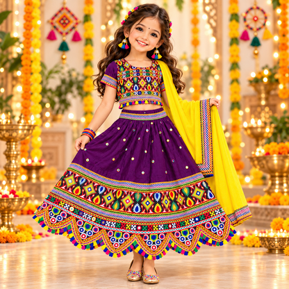 Girls Purple Multicolor Pure Cotton Garba Lehenga Choli Set with Yellow Dupatta