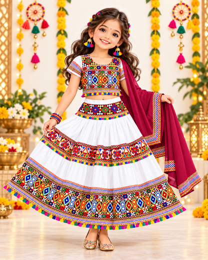 Girls White Traditional Cotton Lehenga Choli Set with Maroon Dupatta