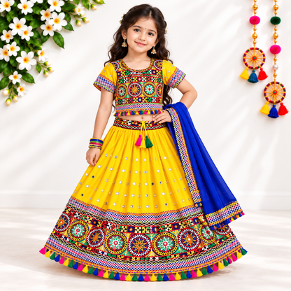 Girls Yellow Traditional Lehenga Choli Set with Blue Dupatta – 100% Pure Cotton Festive Wear