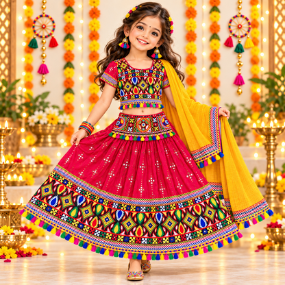 Girls Red Traditional Lehenga Choli Set with Mustard Yellow Dupatta – 100% Pure Cotton