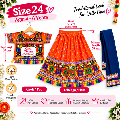 Girls Coral Orange Traditional Lehenga Choli Set with Navy Blue Dupatta – 100% Pure Cotton Festive Wear