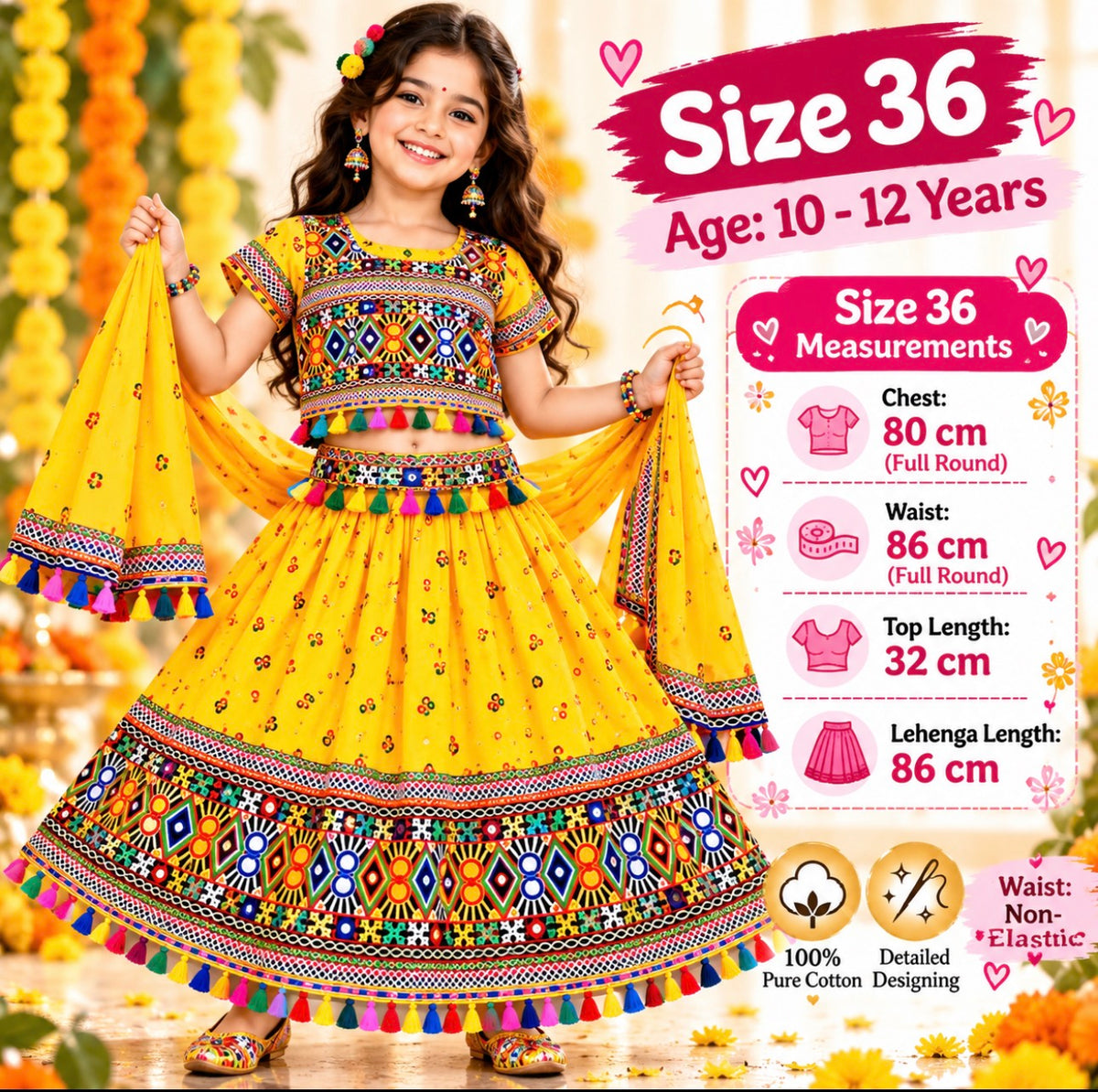 Girls Yellow Pure Cotton Ghagra Choli Set with Rani Pink Dupatta – Traditional Navratri Lehenga