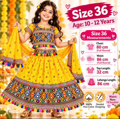 Girls Yellow Pure Cotton Ghagra Choli Set with Rani Pink Dupatta – Traditional Navratri Lehenga