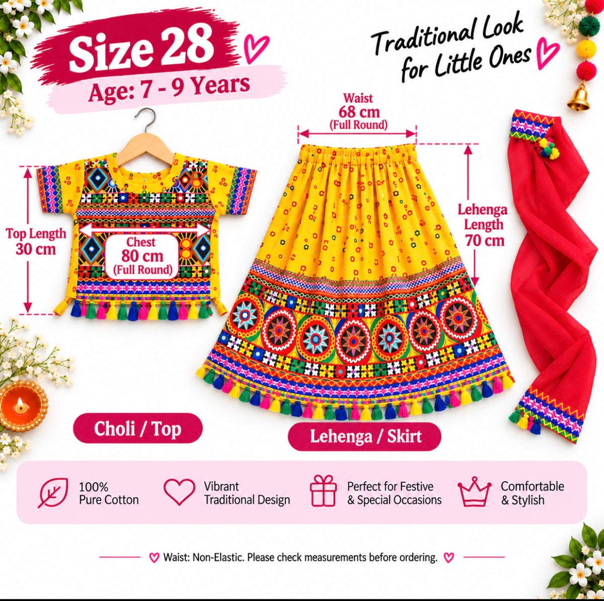 Girls Yellow Pure Cotton Ghagra Choli Set with Rani Pink Dupatta – Traditional Navratri Lehenga
