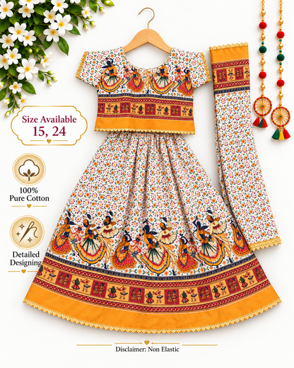 Kesari Orange Folk Dance Print Navratri Lehenga Choli Set for Girls