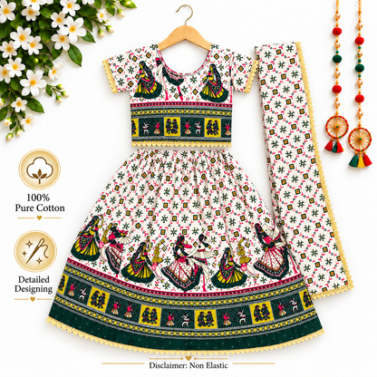 Emerald Green Folk Print Navratri Lehenga Choli Set for Girls