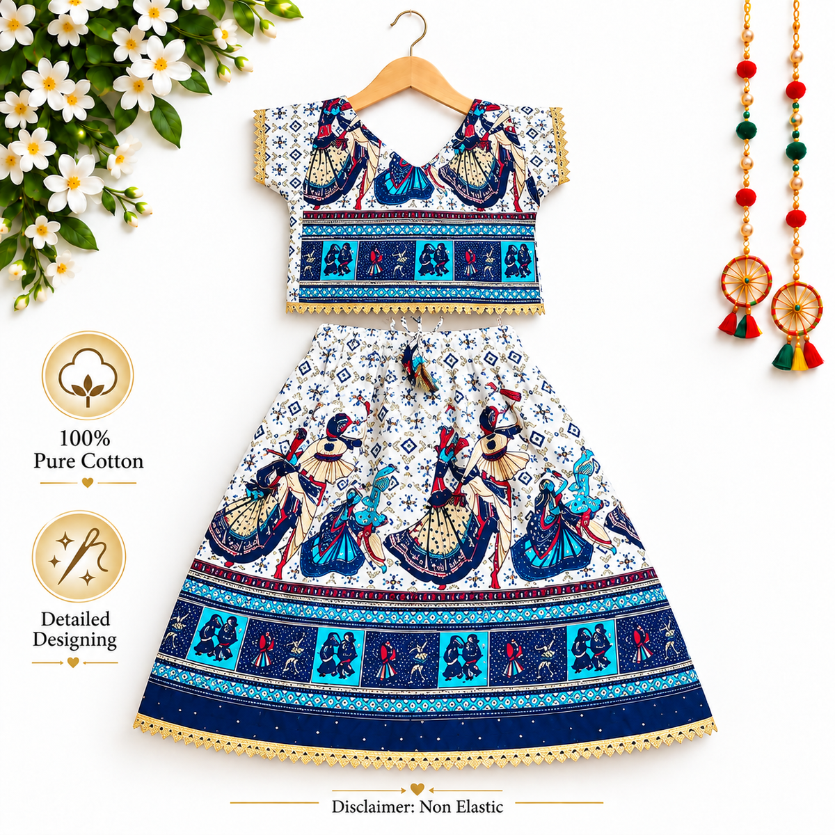 Royal Blue Radha Krishna Print Navratri Lehenga Choli Set for Girls