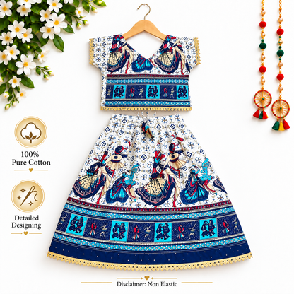 Royal Blue Radha Krishna Print Navratri Lehenga Choli Set for Girls