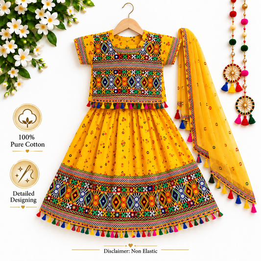 Festive Yellow Kutchi Navratri Lehenga Choli Set for Girls