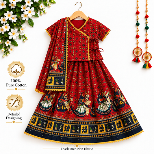 Royal Red Folk Print Navratri Lehenga Choli Set for Girls