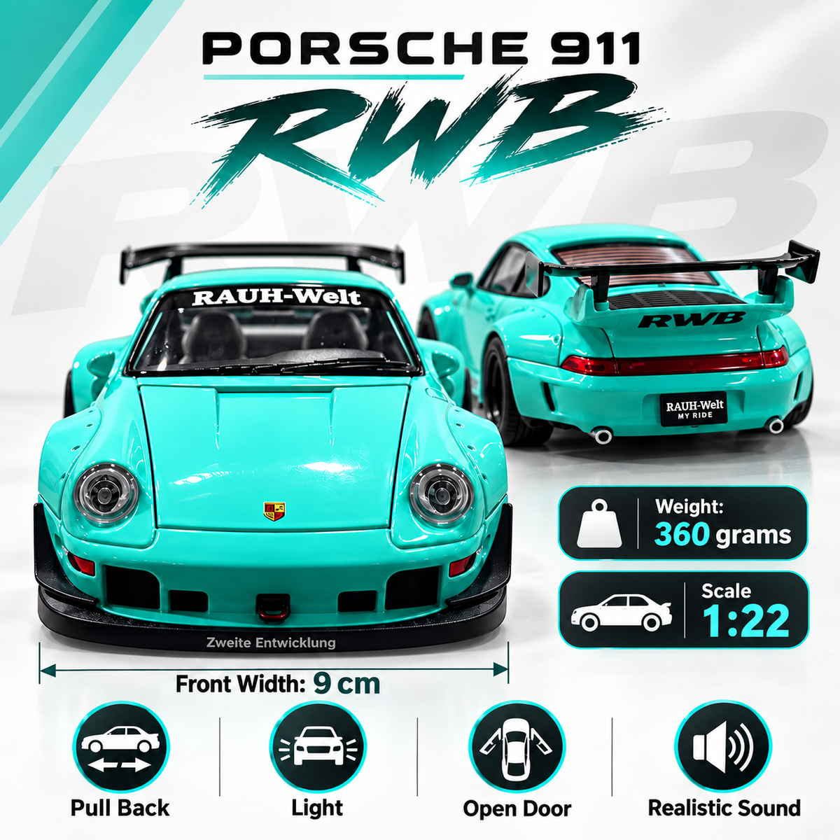 Porsche 911 RWB Drift King Diecast Car – 1:22 Scale | Lights & Sound