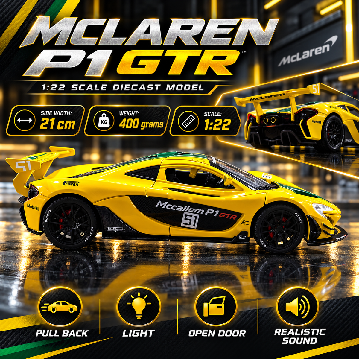 McLaren P1 GTR Diecast Car – Racing | 1:22 Scale | Lights & Sound
