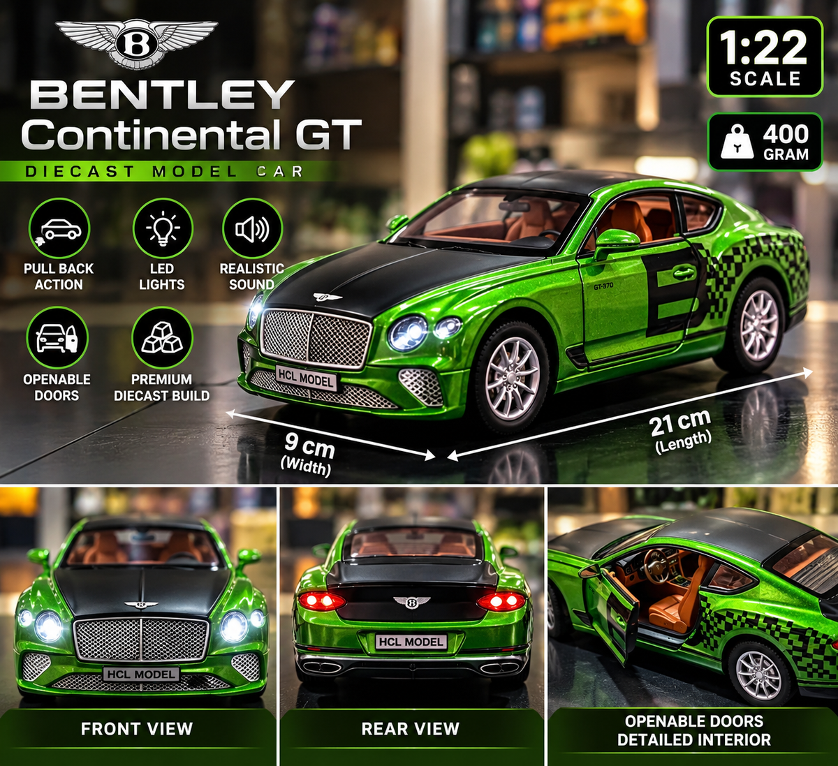 Bentley Continental GT Diecast Car – 1:22 Scale | Luxury Sports Coupe | Lights & Sound