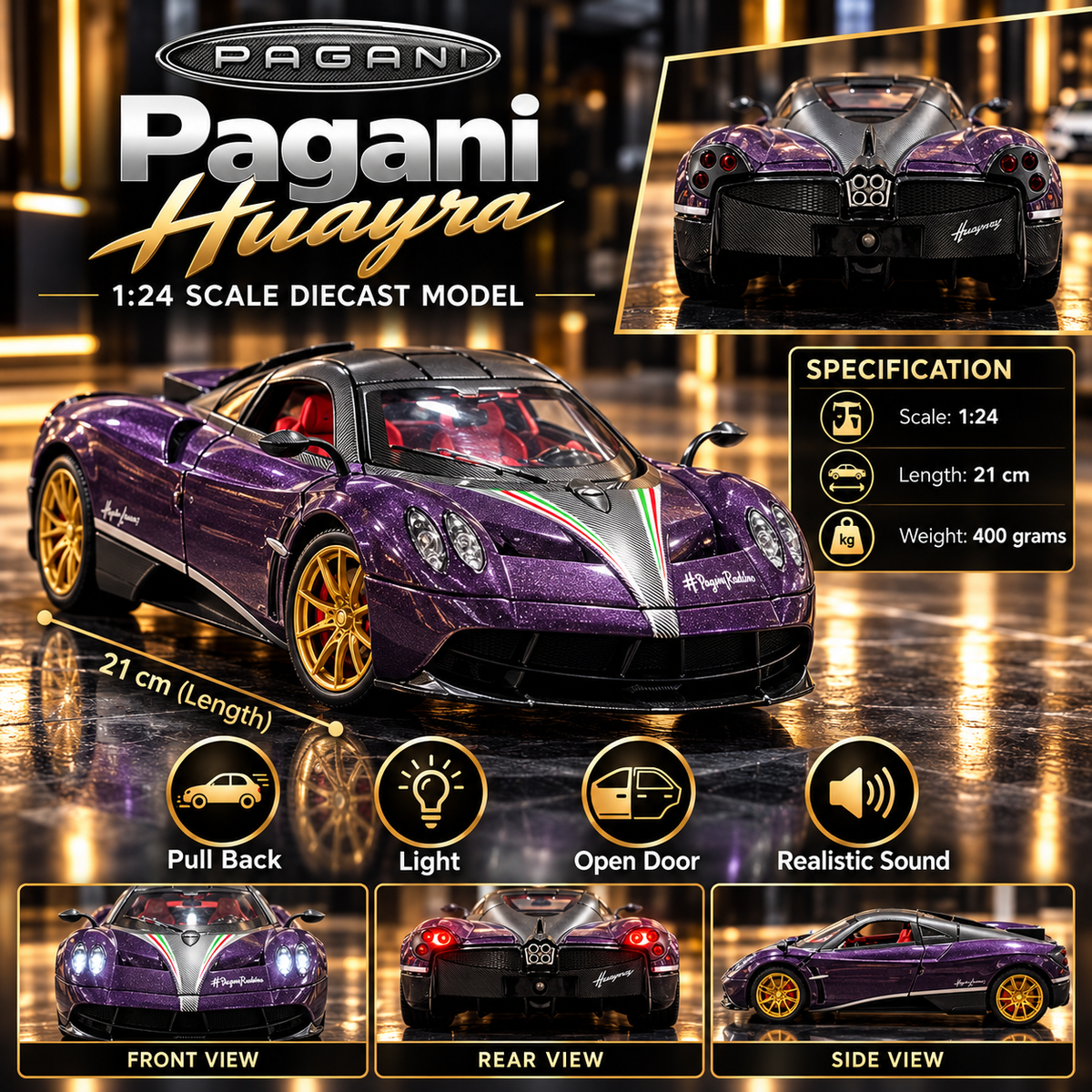 Pagani Huayra Diecast Car – Metallic Purple | 1:24 Scale | Premium Hypercar with Lights & Sound
