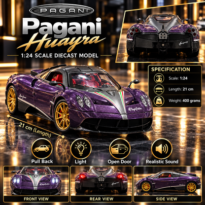 Pagani Huayra Diecast Car – Metallic Purple | 1:24 Scale | Premium Hypercar with Lights & Sound