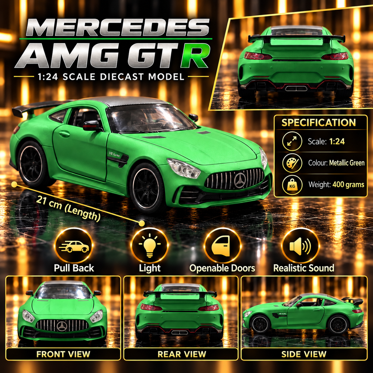 Mercedes-AMG GT R 1:24 Scale Diecast Model Car – Metallic Green | Pull Back, Light & Sound, Openable Doors