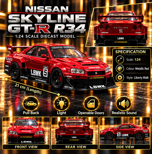 Nissan Skyline GT-R R34 Liberty Walk 1:24 Scale Diecast Model Car – Metallic Red | Pull Back, Light, Sound & Openable Doors