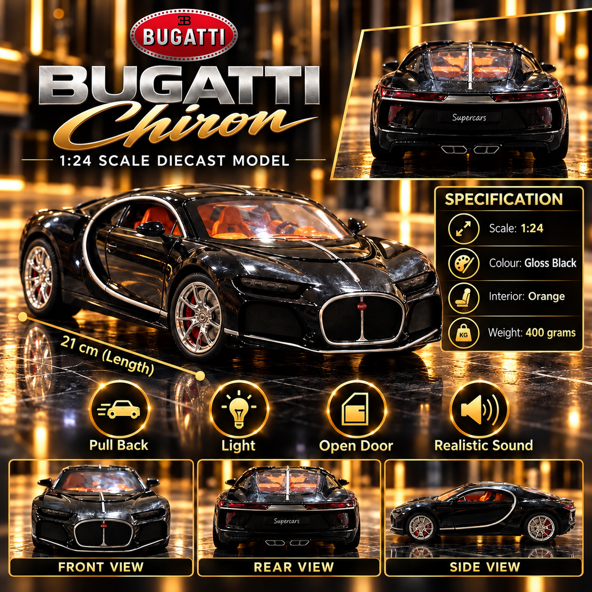 Bugatti Chiron 1:24 Scale Diecast Model Car – Gloss Black | Pull Back, LED Lights, Realistic Sound & Openable Doors