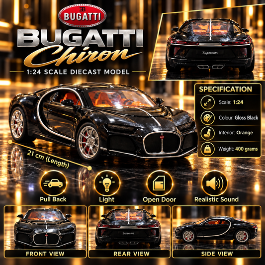 Bugatti Chiron 1:24 Scale Diecast Model Car – Gloss Black | Pull Back, LED Lights, Realistic Sound & Openable Doors