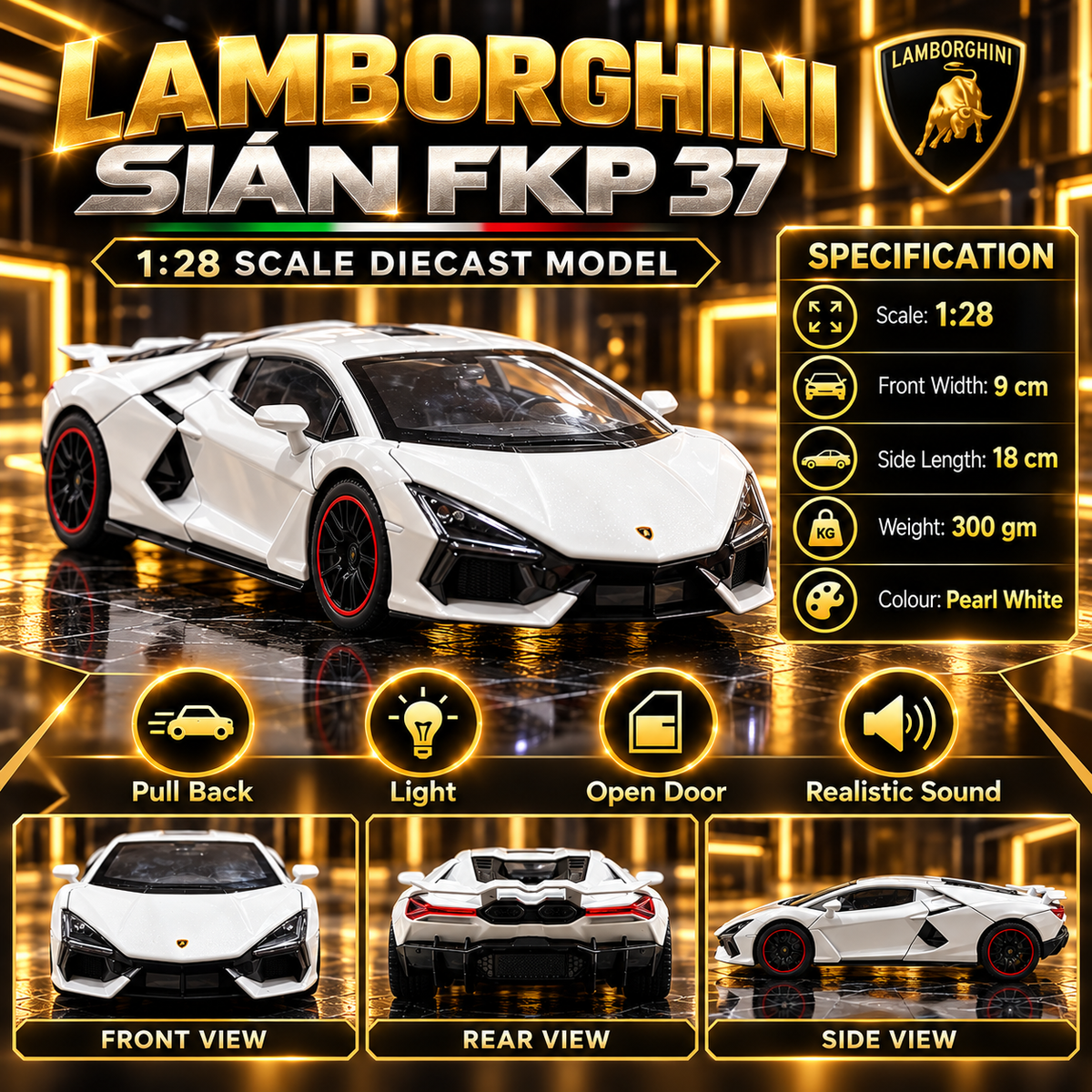 Lamborghini Supercar 1:28 Diecast Model Car – Orange & Pearl White | Lights, Sound & Pull Back